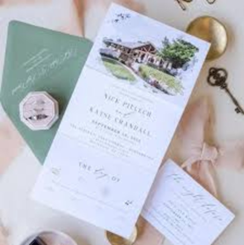 Rustic elegance in every detail. ✨ This custom suite for Nick & Kayne features watercolor venue art and sage green accents—the perfect tactile first look for a milestone event.