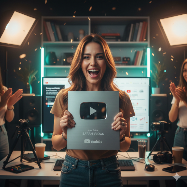 Receiving the Silver Play Button from YouTube.