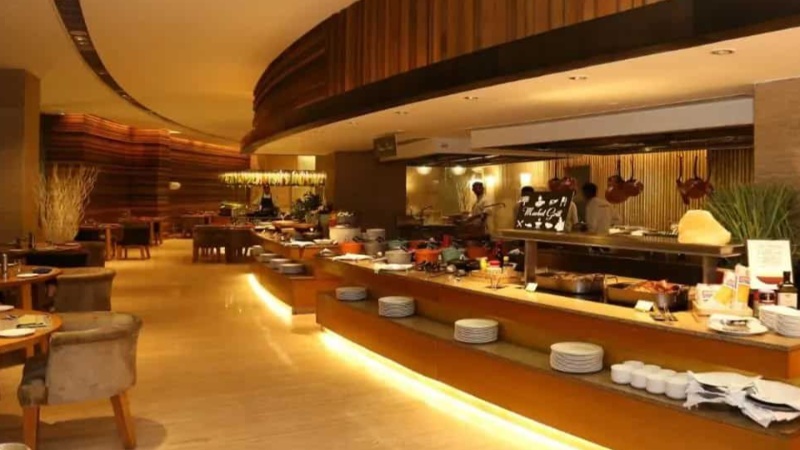 The main breakfast area with a buffet spread.